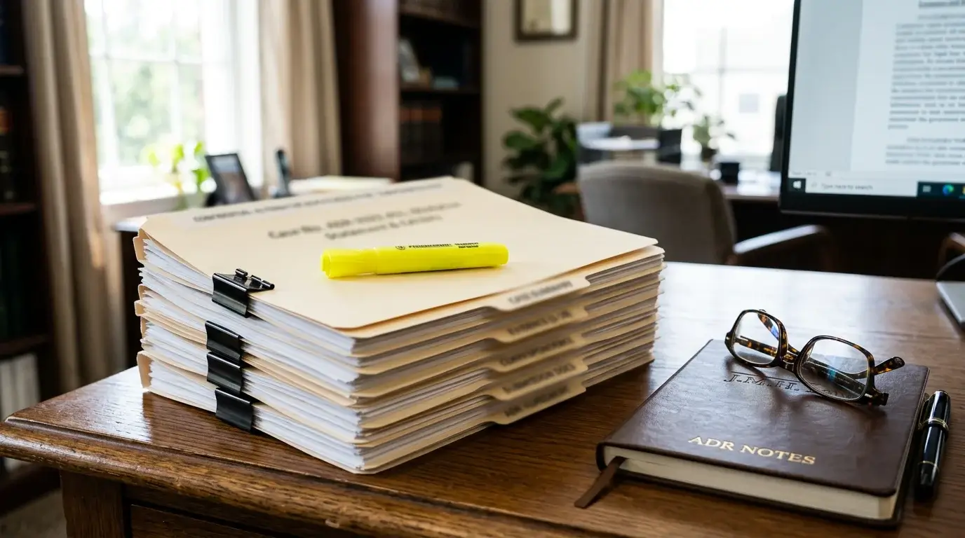 Neat stack of paper files and a yellow highlighter on a desk in a professional advisory office, suggesting an ADR submission package