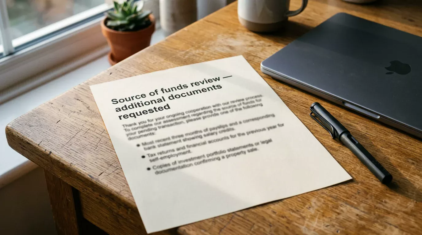 Desk with a recent payslip and bank statement next to a laptop showing a source-of-funds verification request from a UK casino
