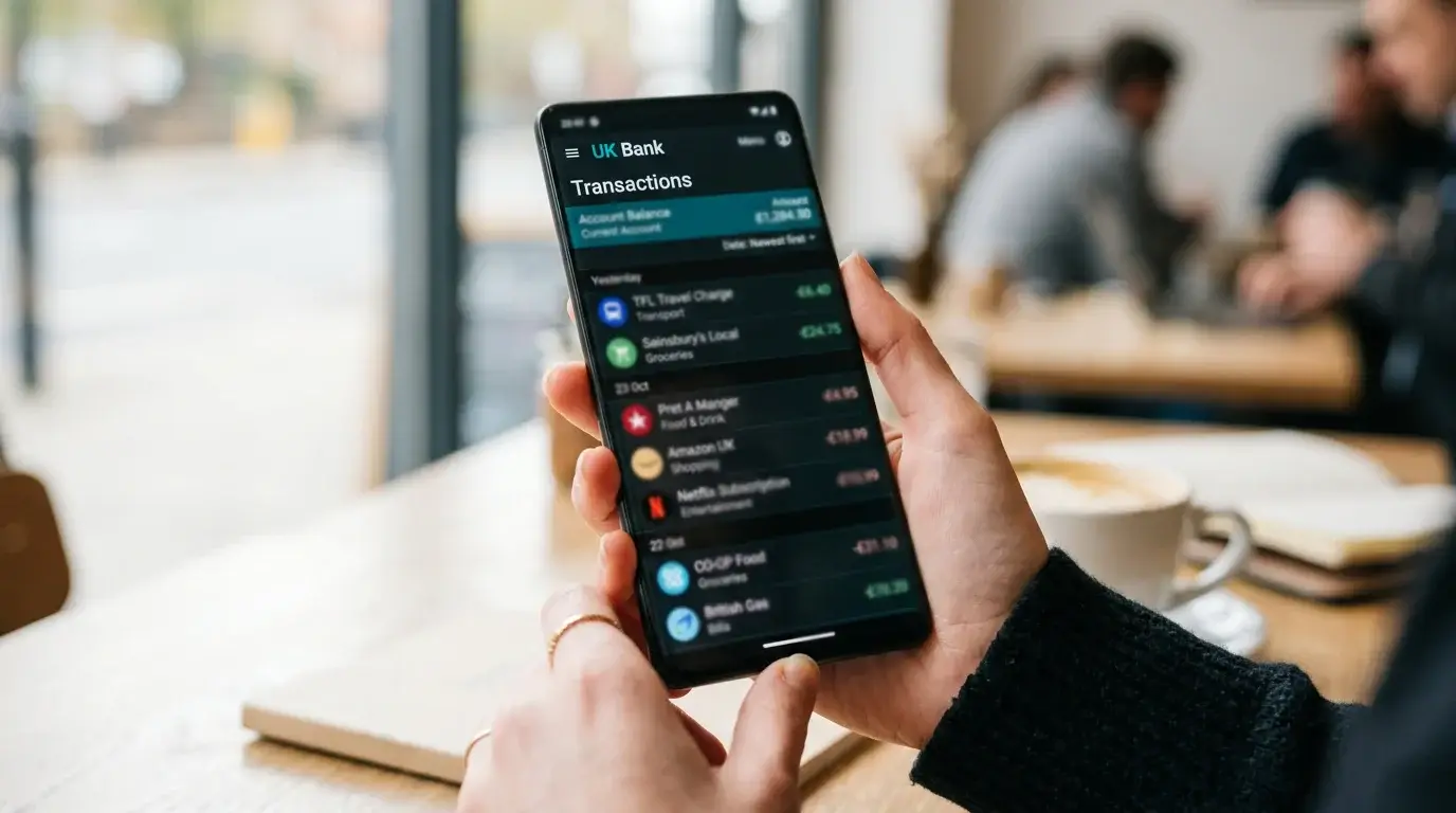 Android phone screen showing a UK banking app transaction list with merchant descriptors visible, no real account number