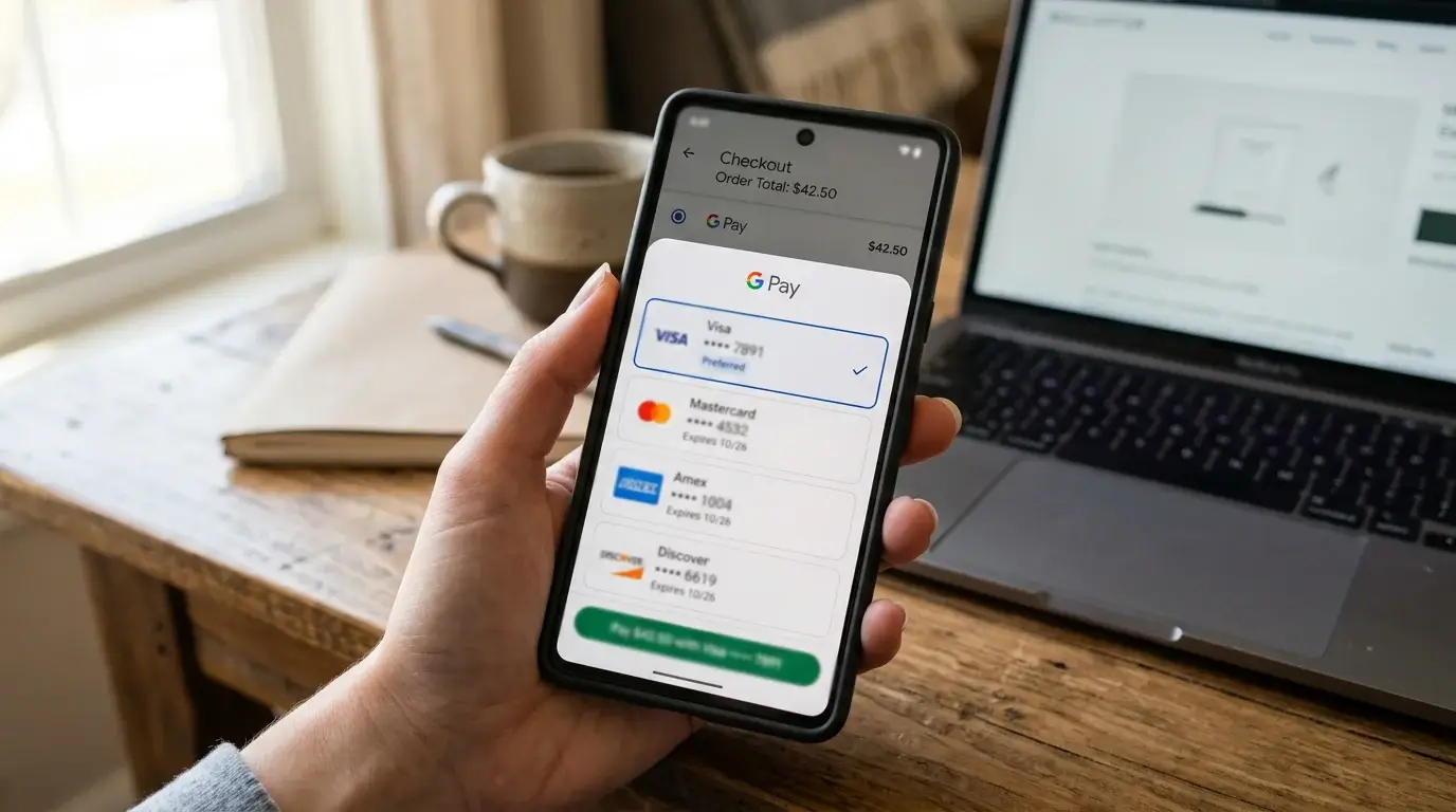 Android phone displaying the Google Pay card-selector sheet during checkout with multiple card icons listed