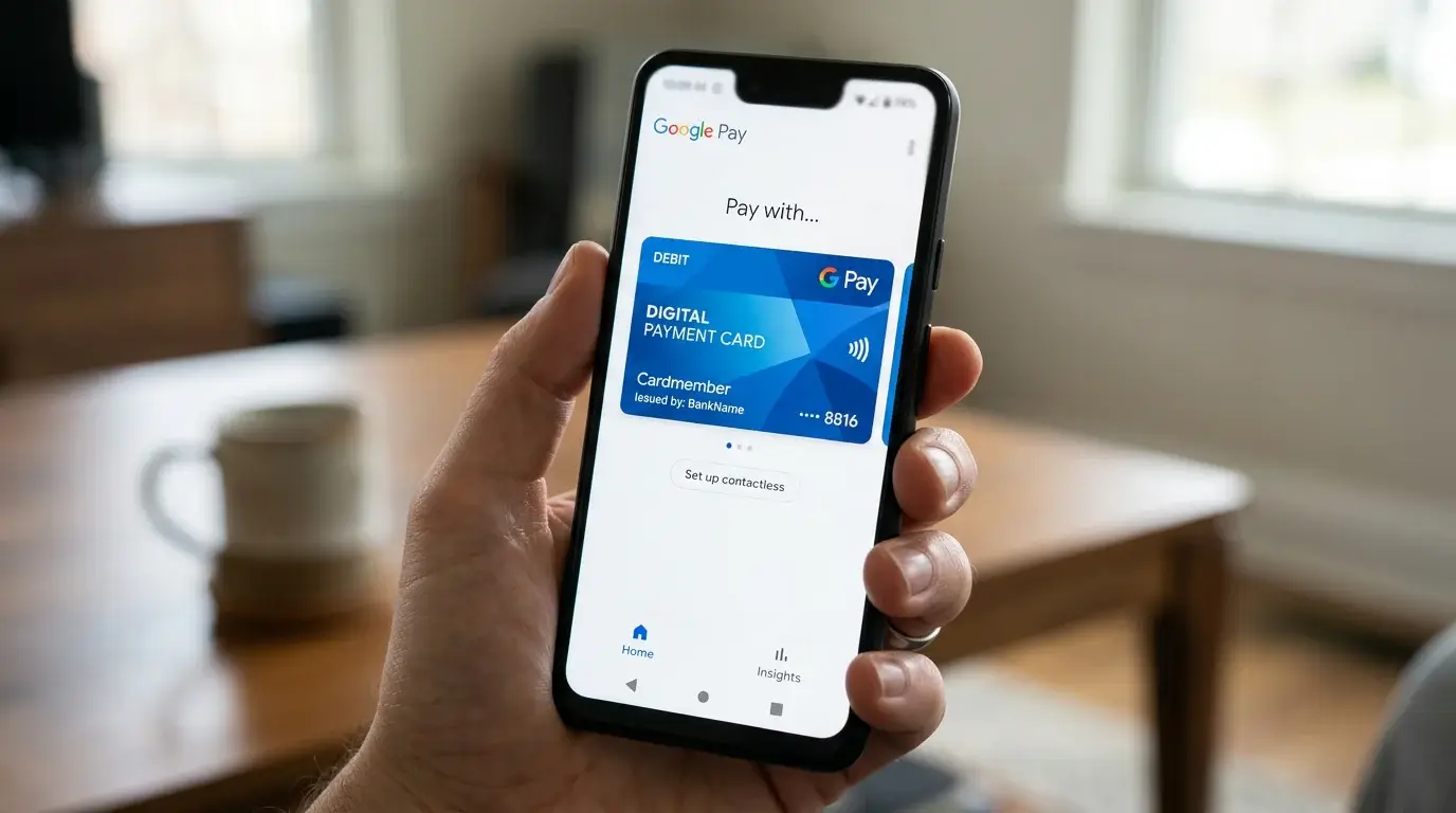 Android phone screen showing the Google Pay app with a tokenised card representation, no real card number visible