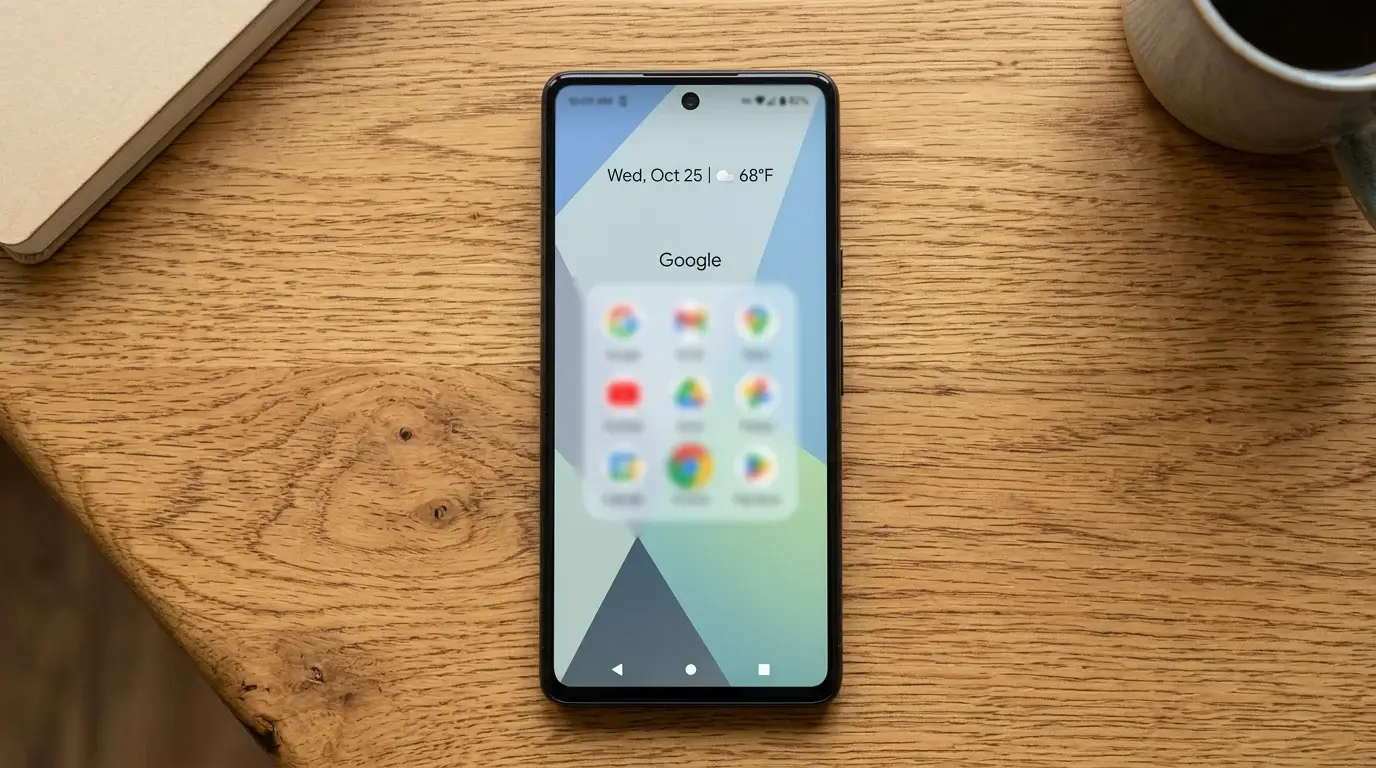 Android phone home screen showing a cluster of common Google app icons grouped neatly, suggesting an integrated ecosystem