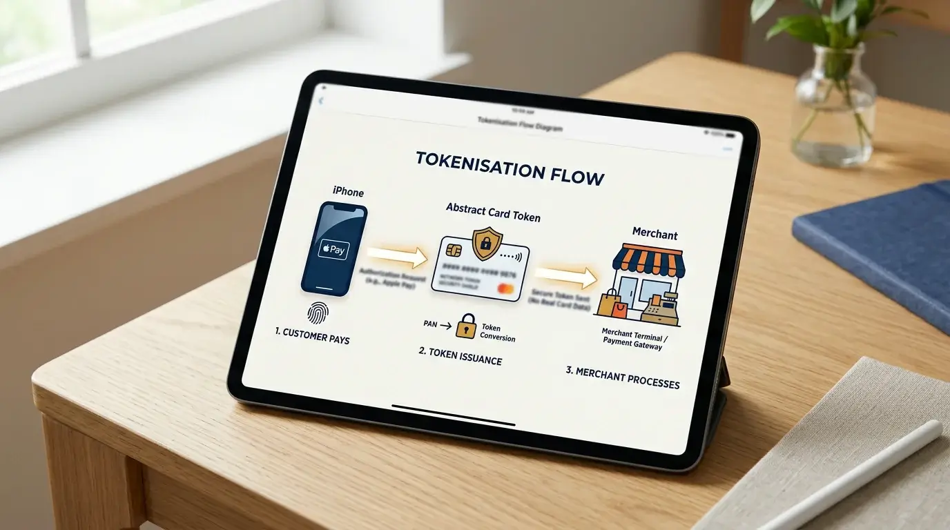 Symbolic illustration on a tablet screen showing tokenisation flow between an iPhone, a card icon and a merchant icon, no real card numbers