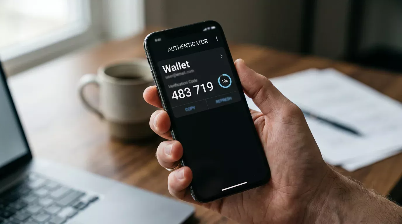Mobile phone screen showing a time-based one-time password from an authenticator app counting down to refresh