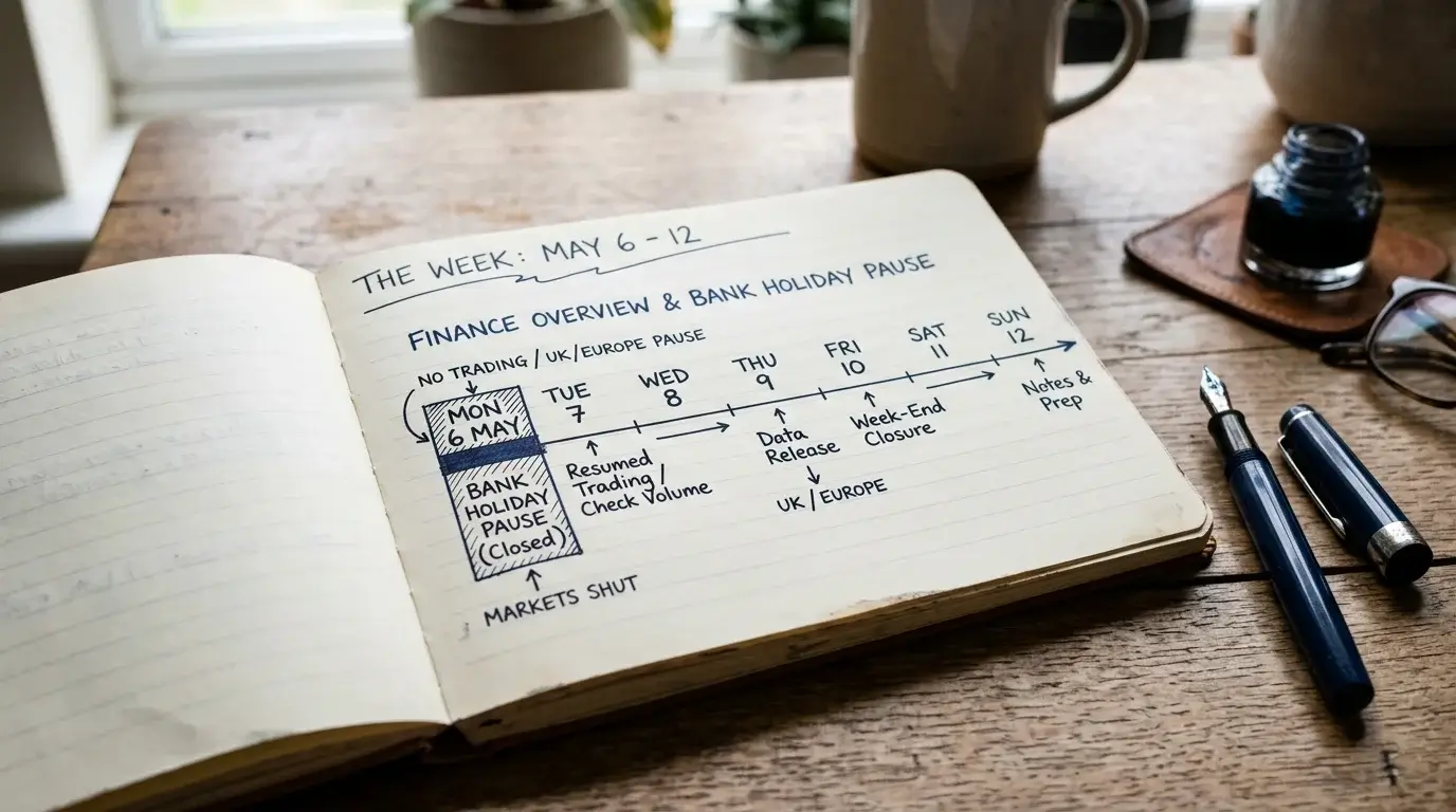 A hand-drawn weekly timeline in a paper notebook on a desk, marking bank holiday pauses in withdrawal handling
