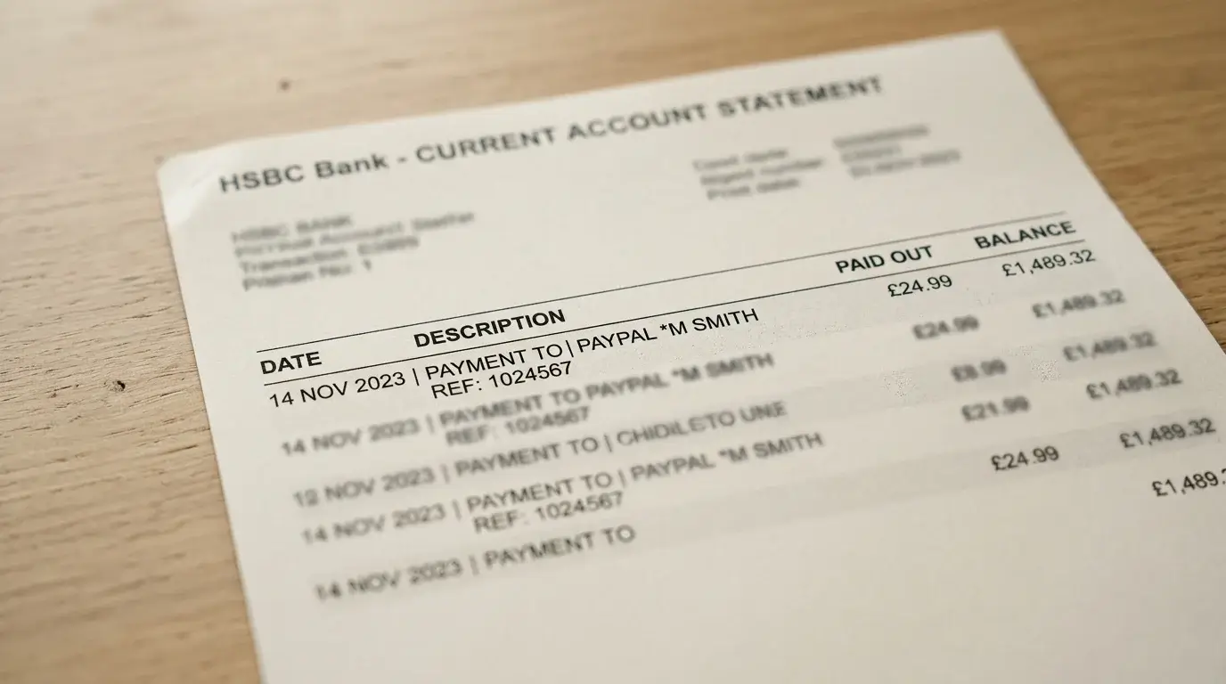 Close-up of a printed UK bank statement line item showing an e-money transfer descriptor with date, reference and amount