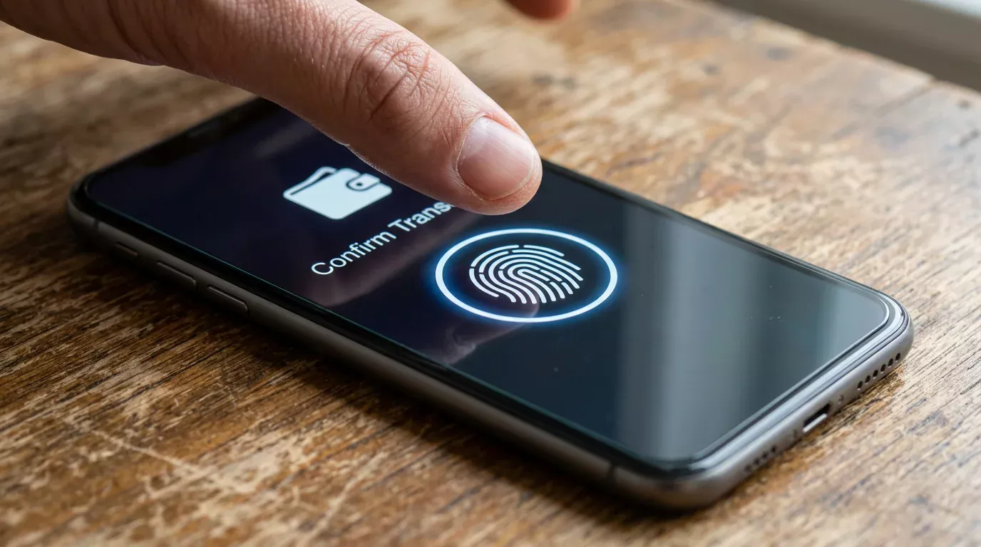 Smartphone showing a fingerprint authentication prompt during a Payz wallet transaction confirmation