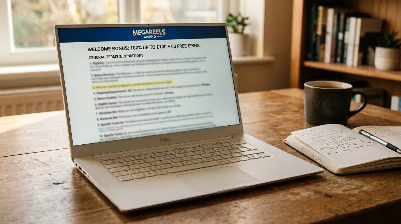 Welcome bonus terms page open on a laptop with the qualifying minimum deposit clause highlighted at £20