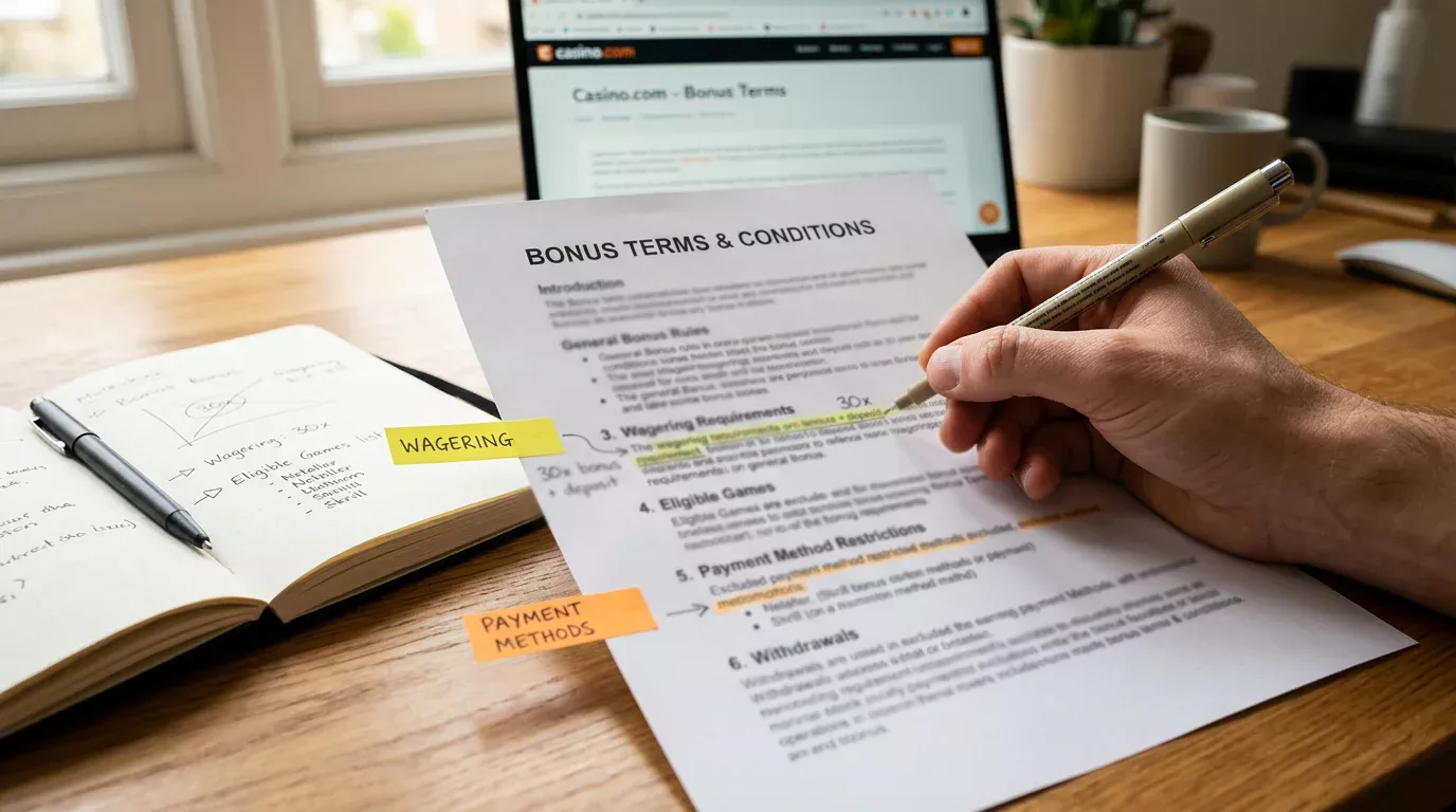 Hand annotating a printed bonus terms document with sticky tabs marking the payment method and wagering sections