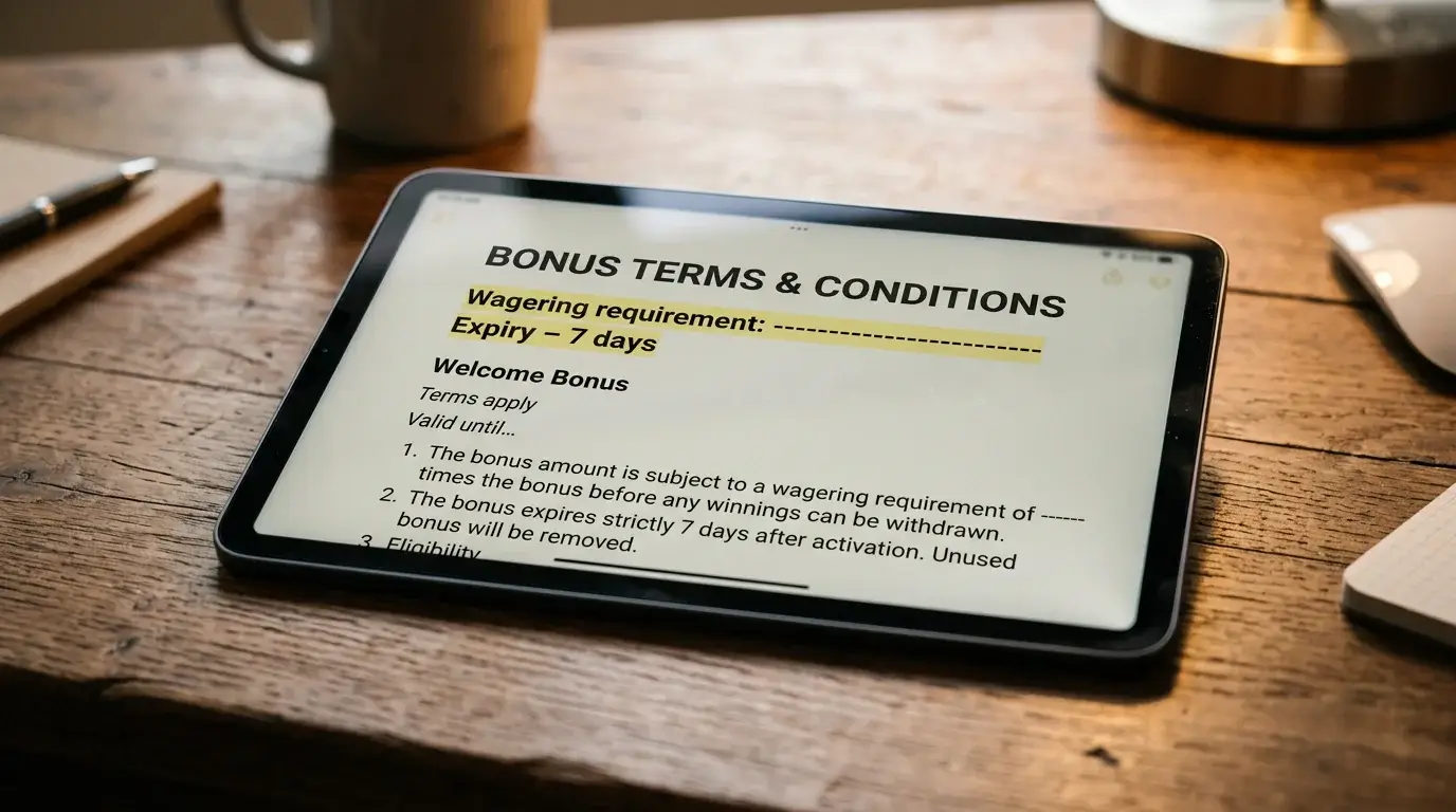 Tablet displaying a casino bonus terms and conditions page with the wagering requirement and expiry window highlighted