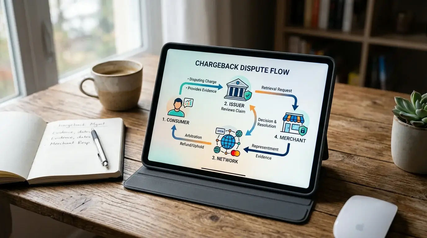 Symbolic illustration of card network chargeback flow arrows between consumer, issuer, network and merchant icons on a clean white desk
