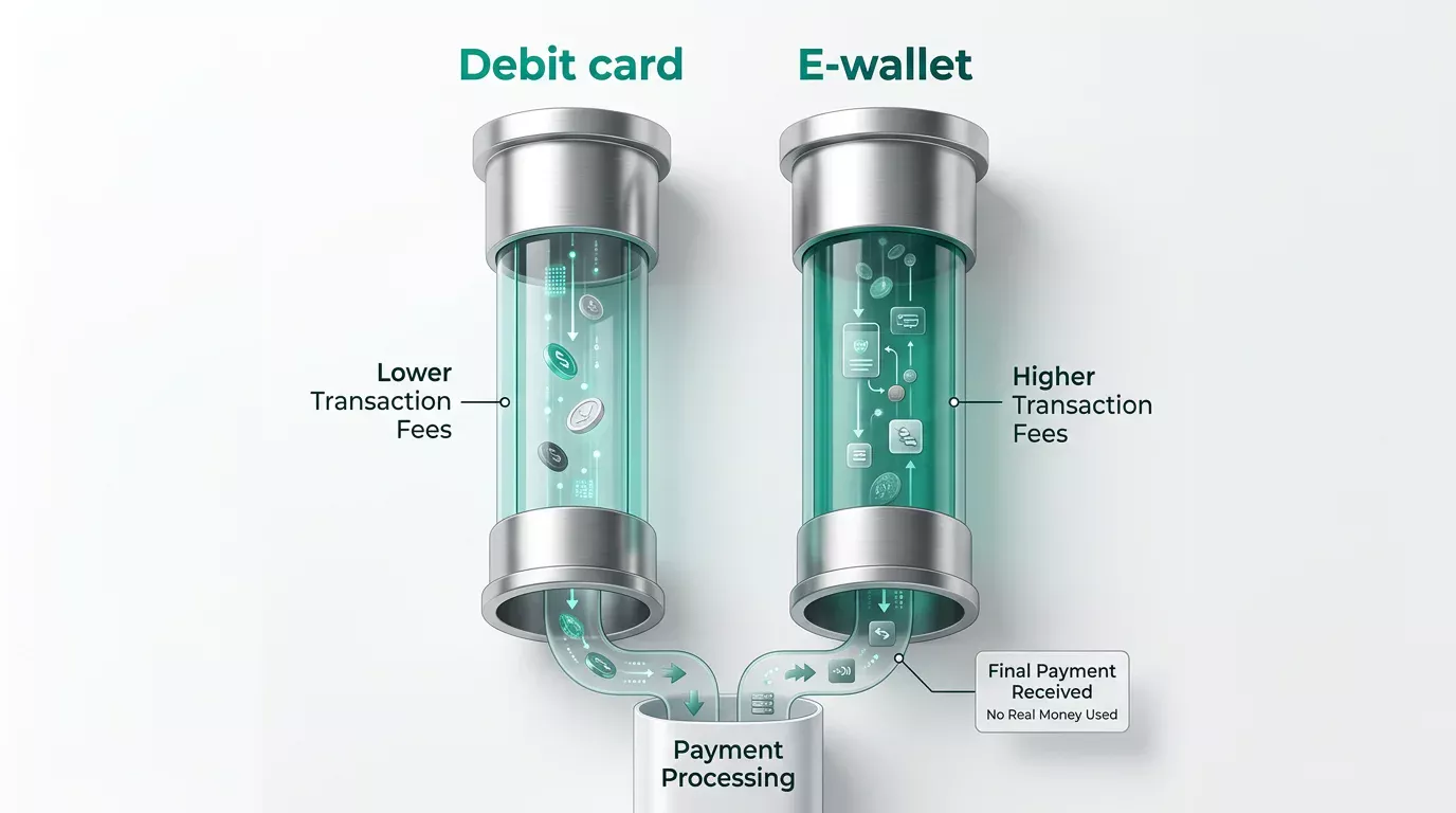 Stylised diagram showing relative per-transaction processing cost between debit cards and e-wallets at a casino cashier