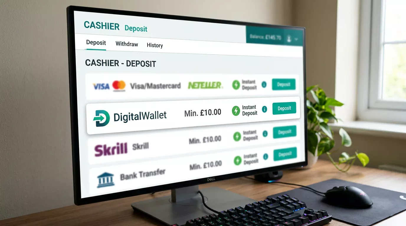 Close-up of a UK casino cashier table with the Payz row showing the £10 figure clearly stated next to deposit instructions