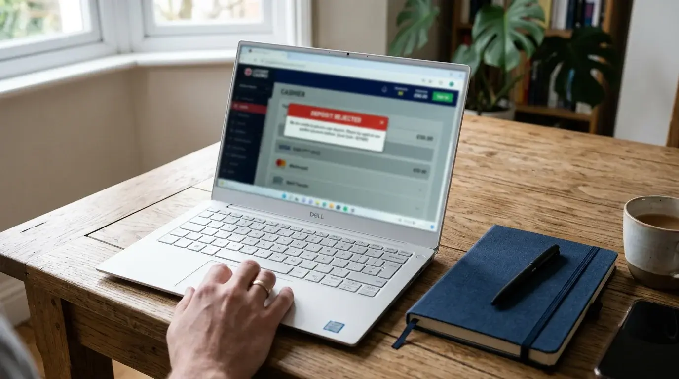 Laptop screen showing a UK casino cashier with a deposit rejected notification banner over the payment selection panel