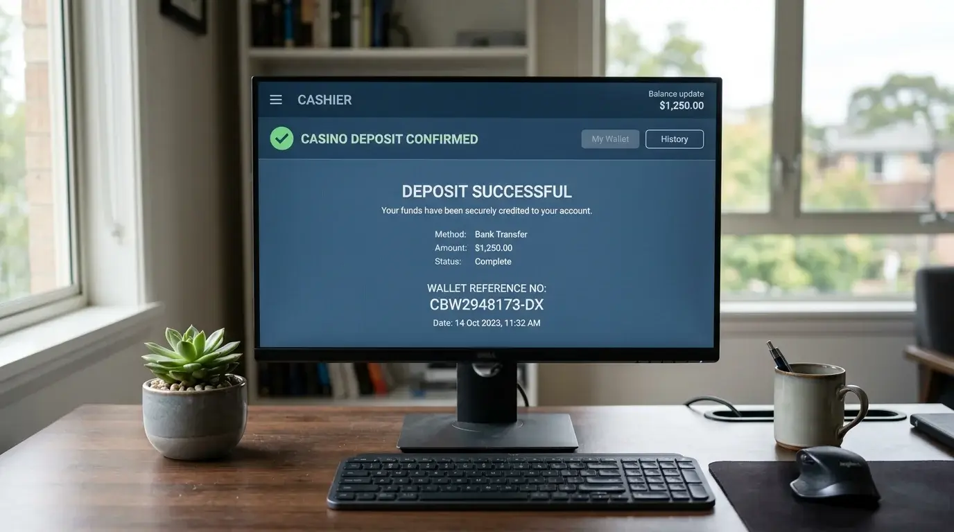 Desktop monitor displaying a casino cashier deposit confirmation screen with a generic wallet payment reference