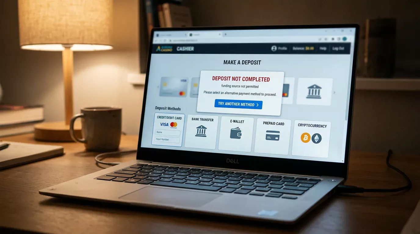 Laptop screen showing a UK online casino cashier returning a declined deposit notice during an account review