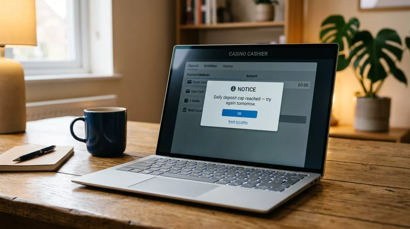Laptop displaying a casino cashier popup explaining a per-transaction limit during a deposit attempt