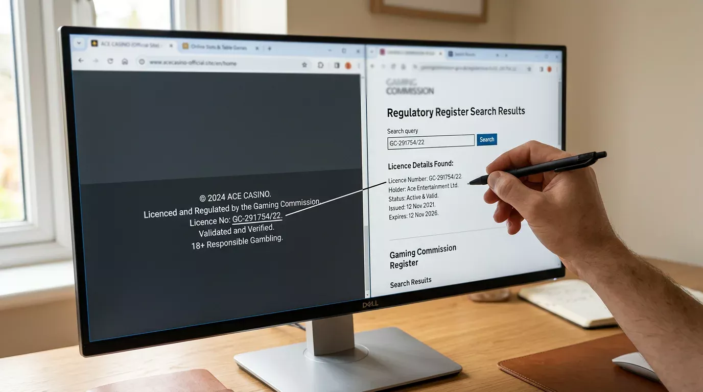 Person cross-checking a casino brand's licence date on the UKGC register against the trading name shown on the operator site