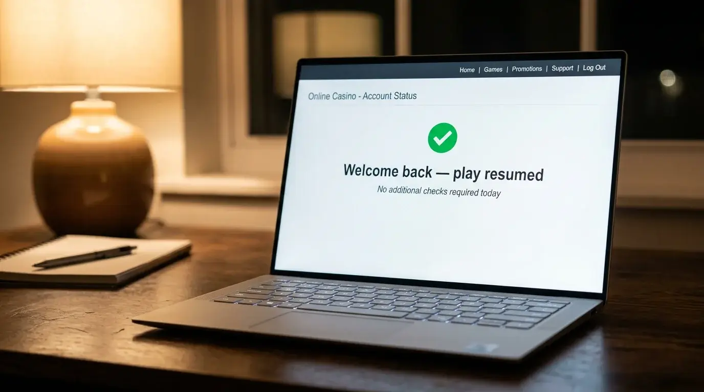 Laptop showing a UK casino login dashboard with a brief responsible gambling acknowledgement banner at the top