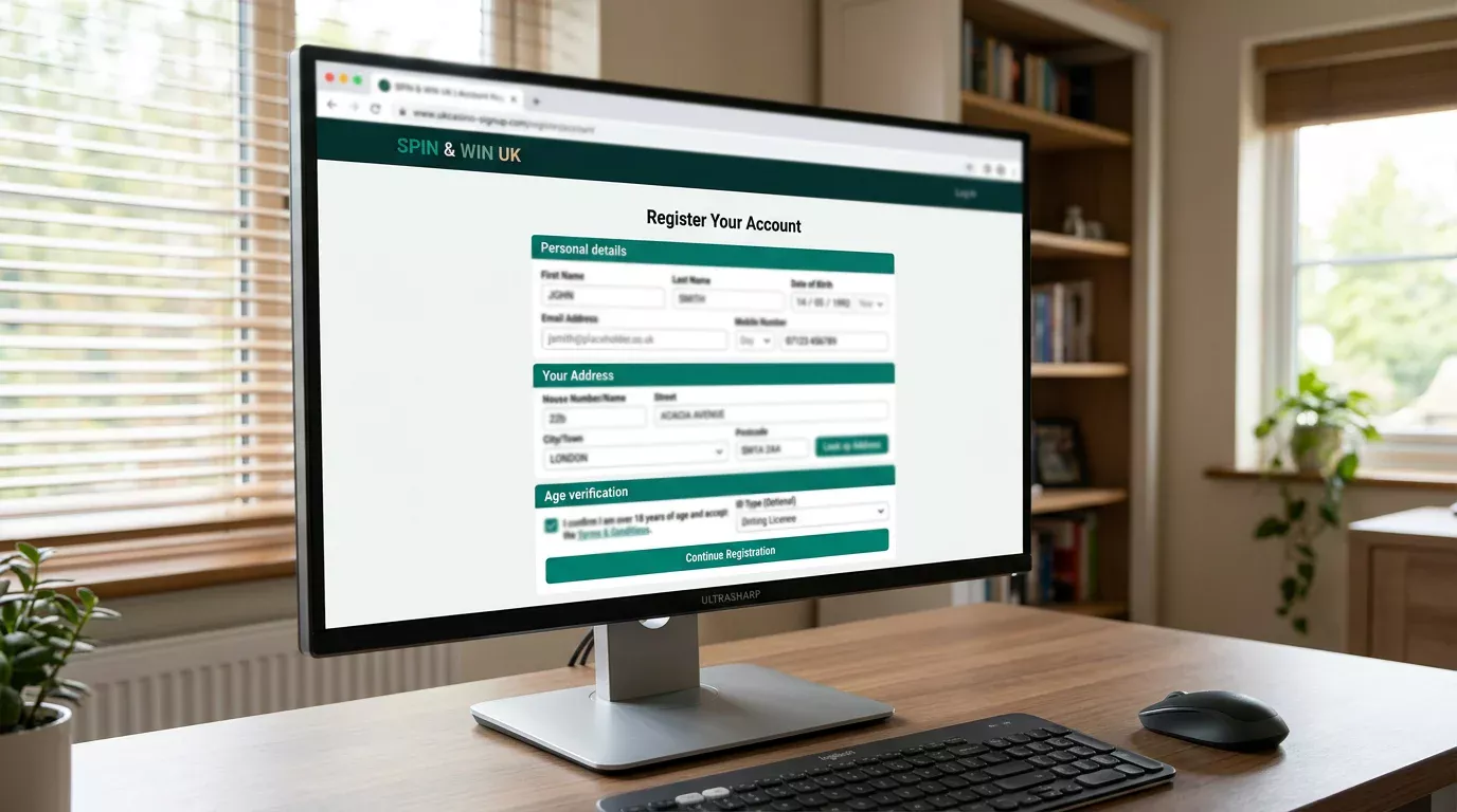 UK online casino registration form displaying the personal details, address and age verification sections being completed