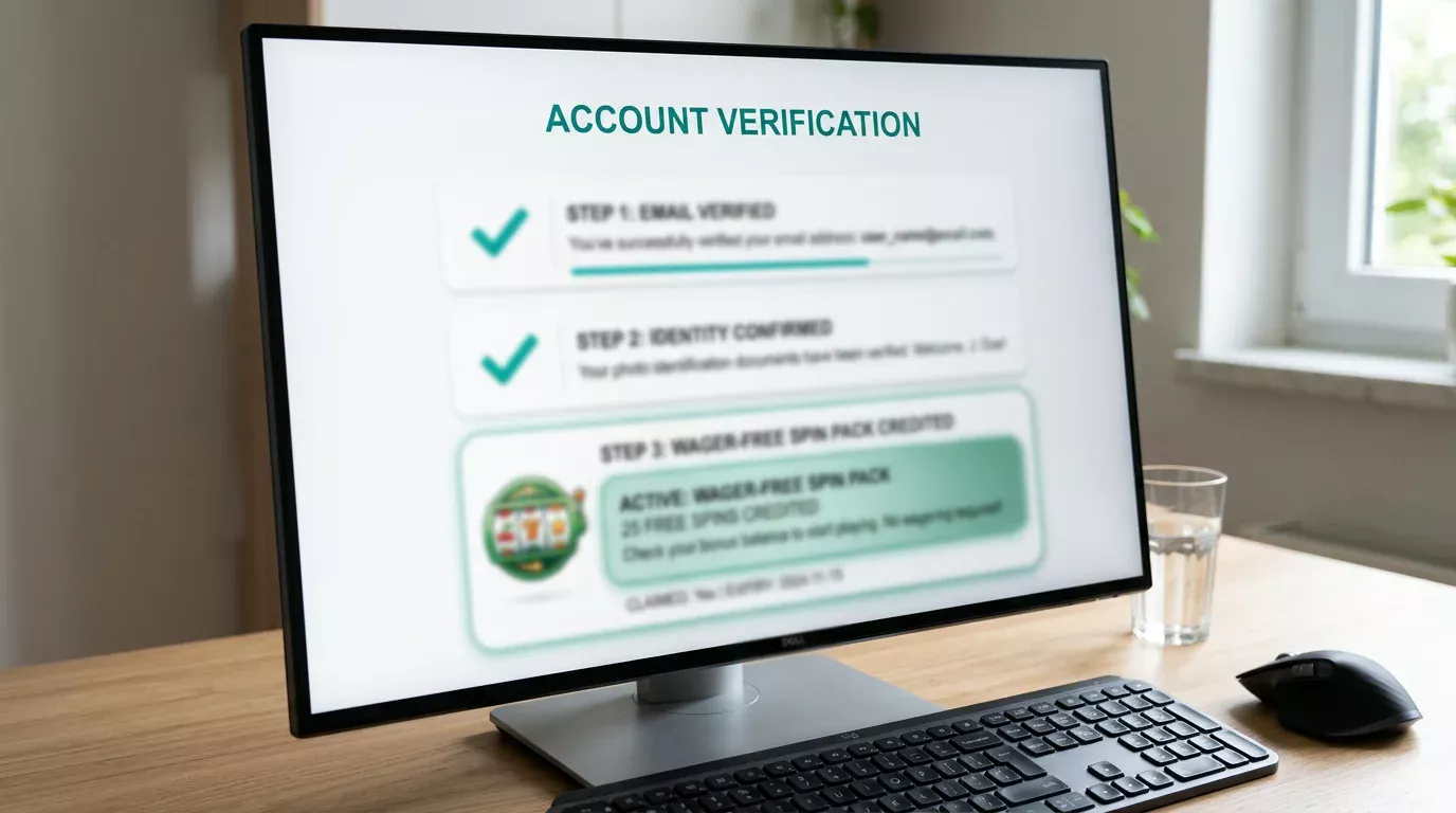 UK casino registration confirmation screen showing identity verification complete and a wager-free spin pack credited