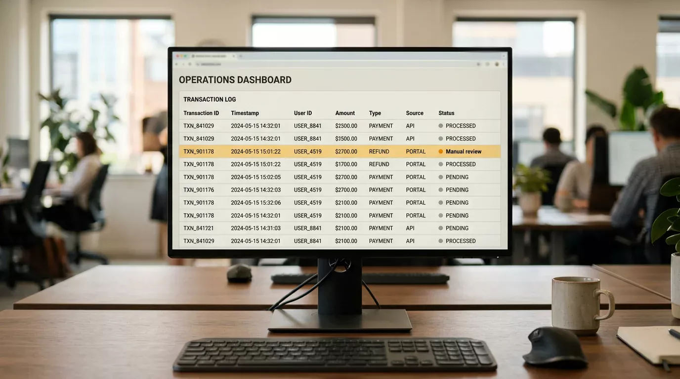Office monitor showing a casino back-office risk review dashboard with a flagged transaction highlighted
