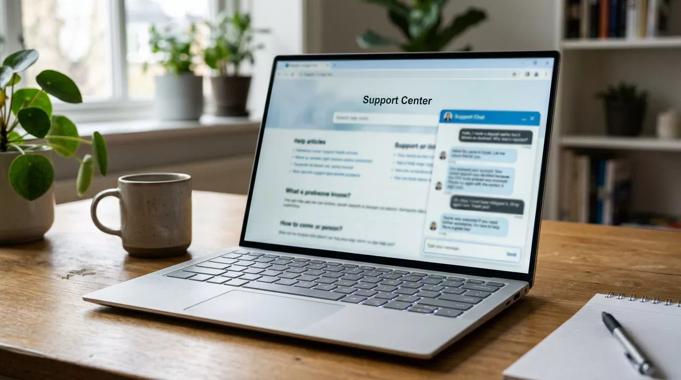 Laptop showing an online casino customer support chat window opened during a declined deposit investigation