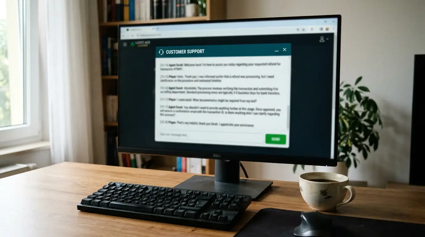 Desktop monitor showing a live support chat window with a casino agent discussing a refund procedure, professional tone visible