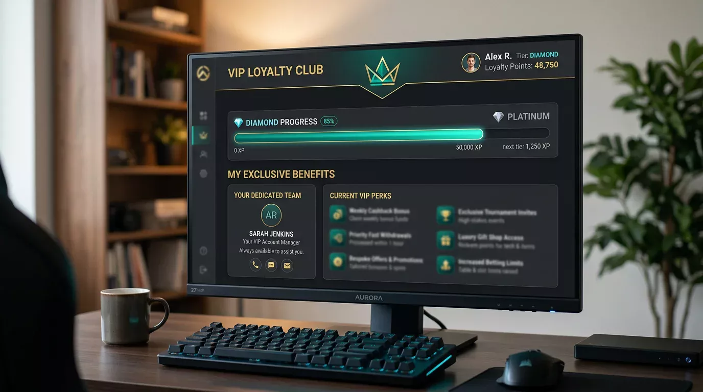 Online casino VIP loyalty dashboard showing tier progress and host-managed perks displayed in a desktop browser