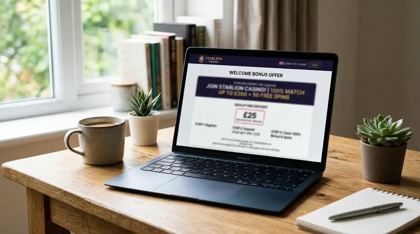 Laptop screen showing a UK casino welcome bonus offer page with promotion terms and a mid-range qualifying deposit highlighted