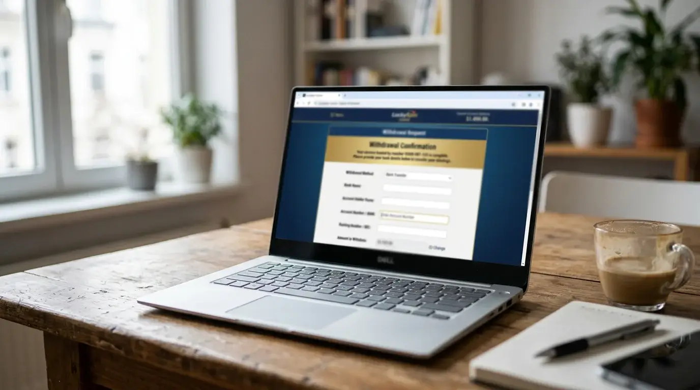 Laptop screen showing a casino withdrawal form prompting for bank account details after a voucher-funded play session