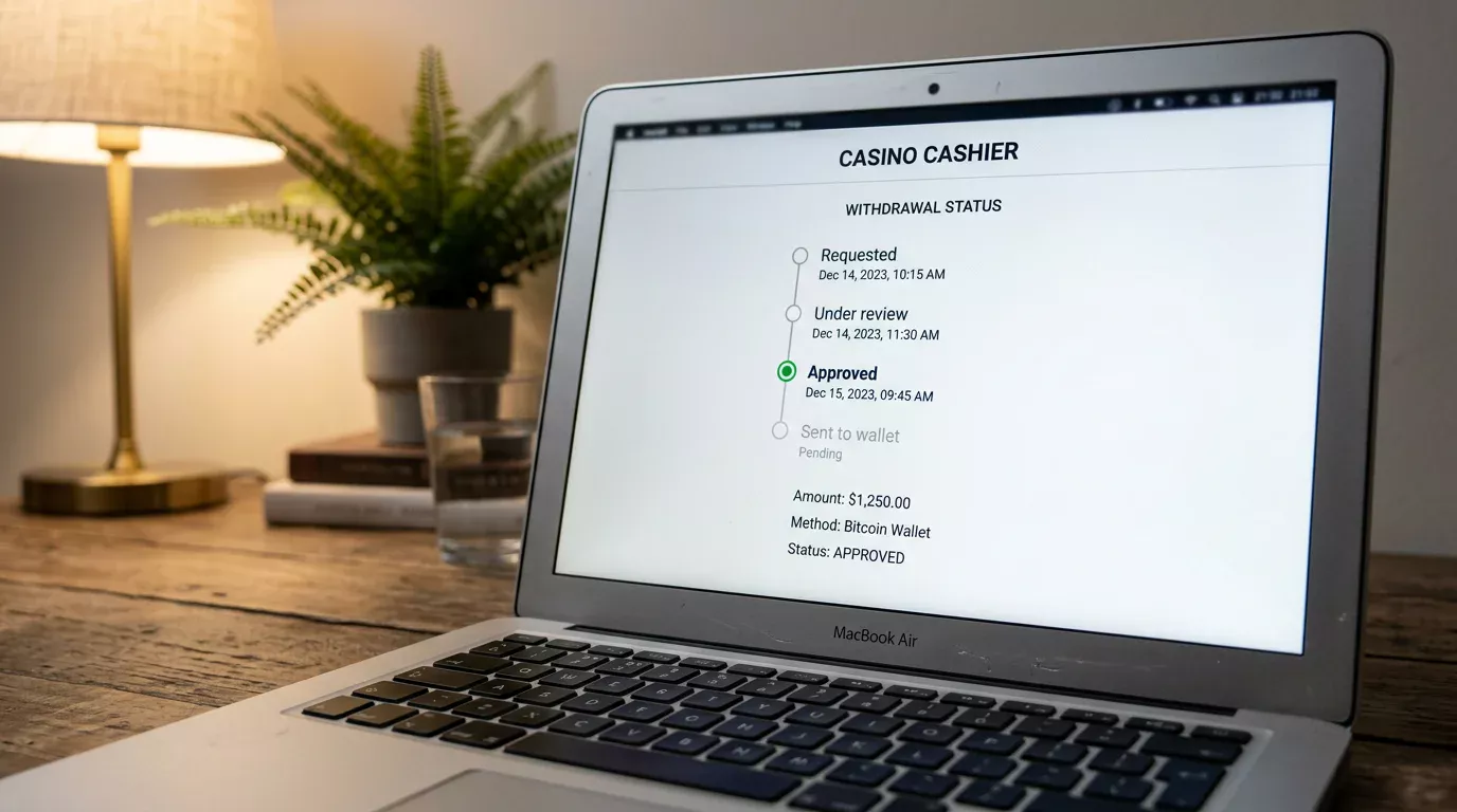 Laptop screen showing a UK casino cashier withdrawal status panel with stages labelled pending review, approved and sent