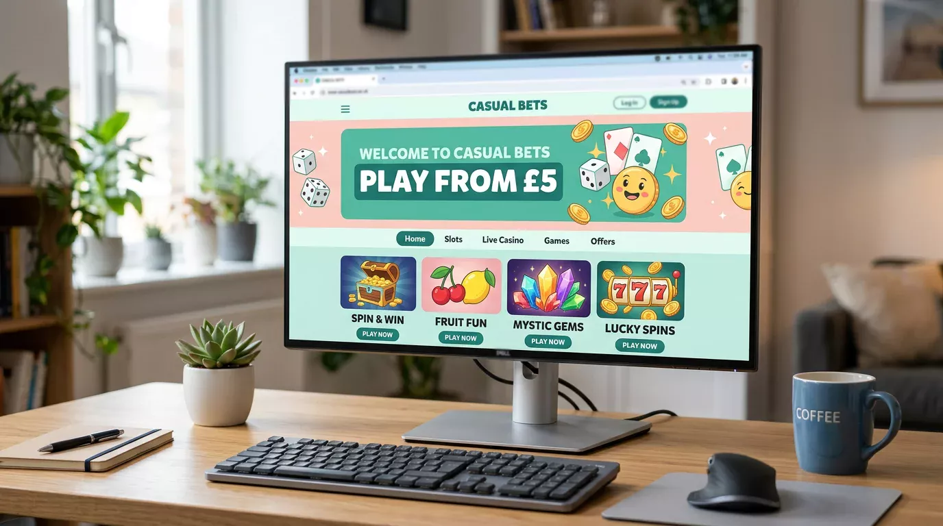 Casual-themed UK online casino homepage emphasising low-stake play and £5 minimum deposit messaging in the hero section