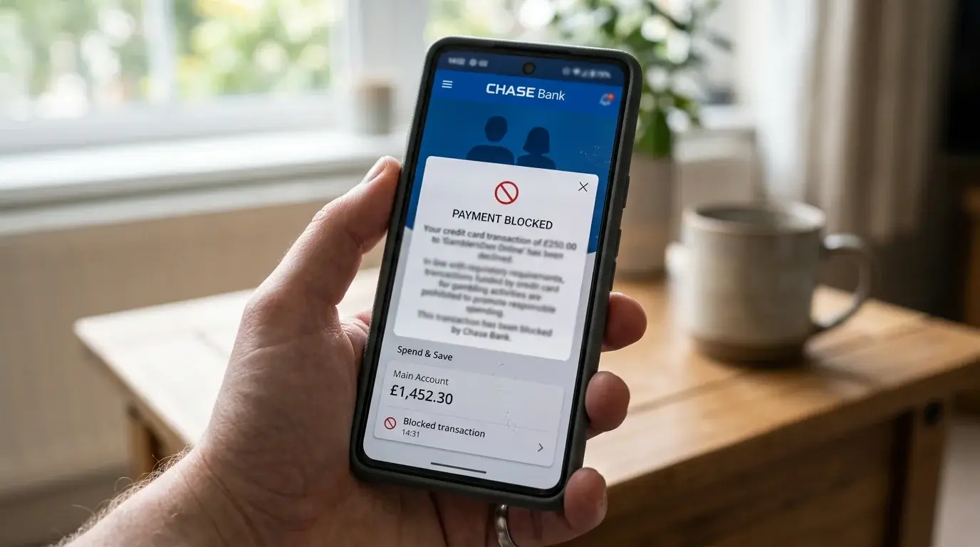 Smartphone screen showing a banking app notification that a credit-card-funded gambling transaction has been blocked