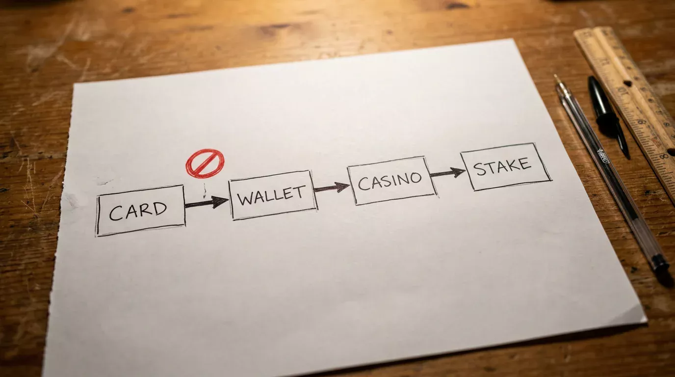 Whiteboard sketch tracing a funding chain from a card through an e-wallet to an online casino with the credit route crossed out