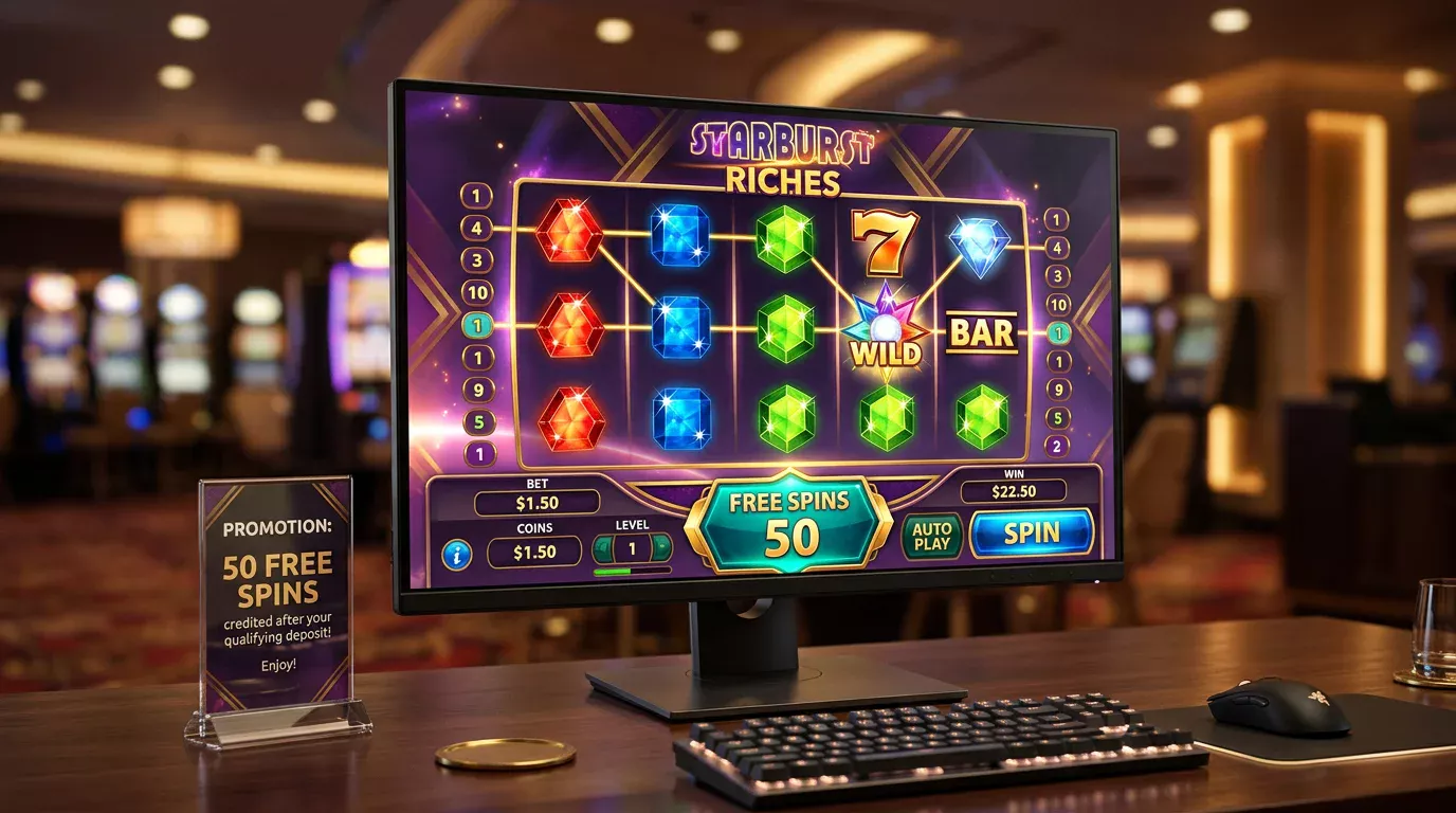 Slot game screen with a 50 free spins counter visible after a qualifying deposit at a UK online casino