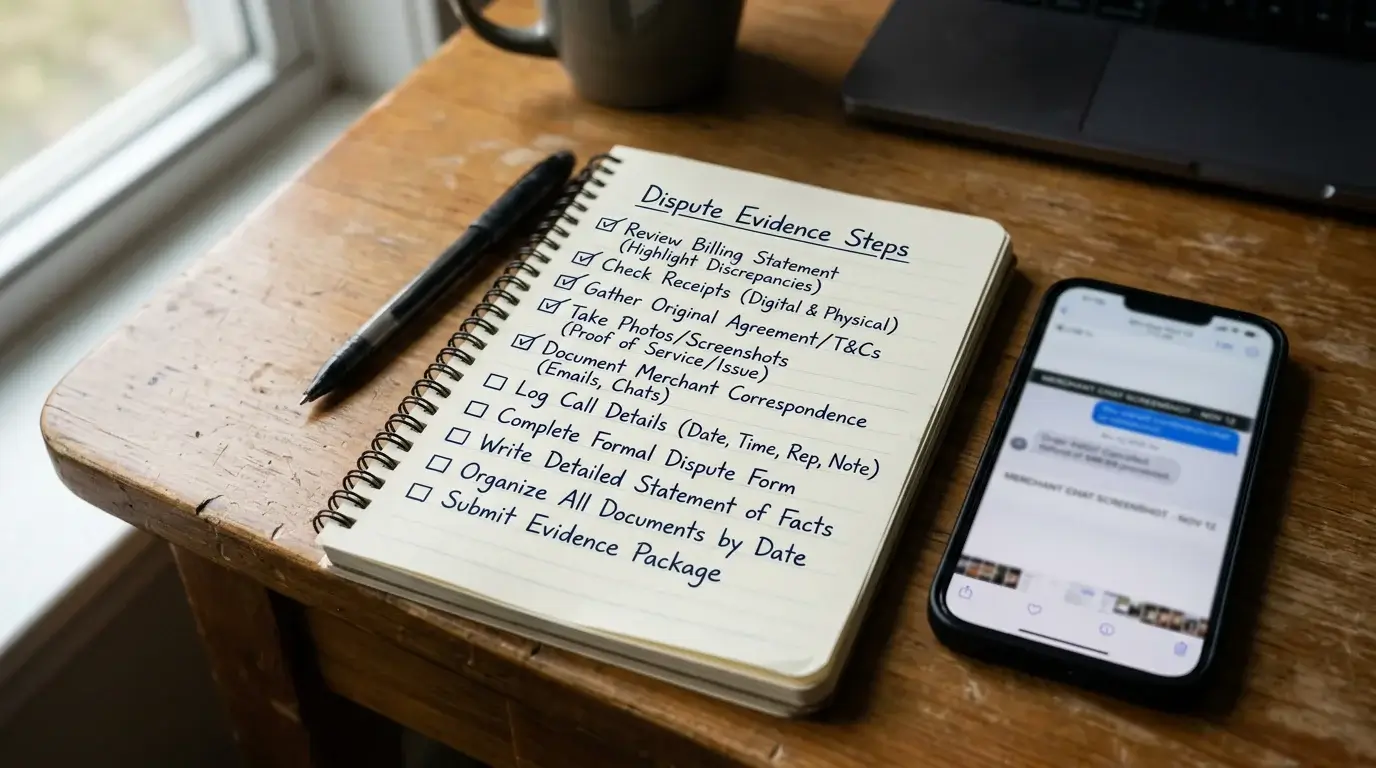 A paper notebook on a desk with a written checklist of dispute evidence steps beside a phone showing a captured screenshot thumbnail