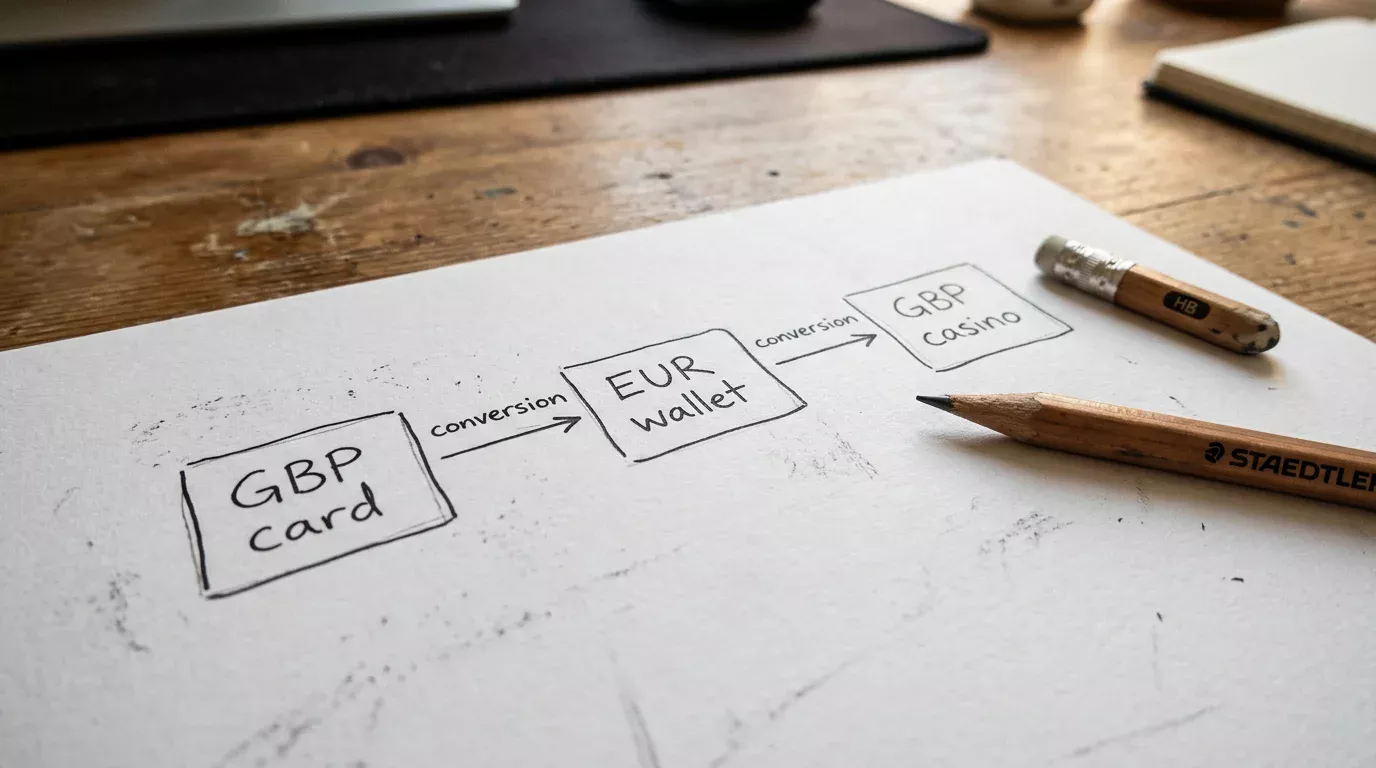 Whiteboard diagram tracing a double currency conversion through a wallet sub-balance from GBP to EUR and back