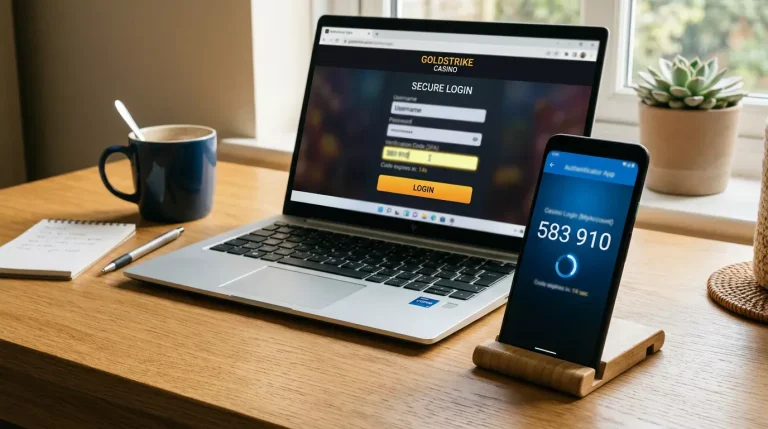 Smartphone displaying a Payz wallet two-factor authentication prompt with a six-digit code beside a laptop showing a UK casino login screen