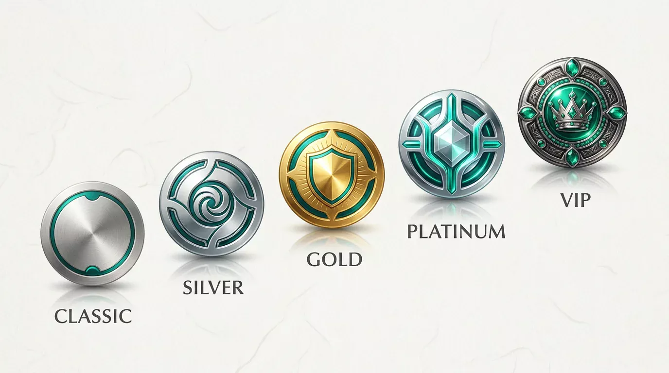 Layered Payz account tier badges arranged from Classic through Silver, Gold, Platinum to VIP on a clean editorial background