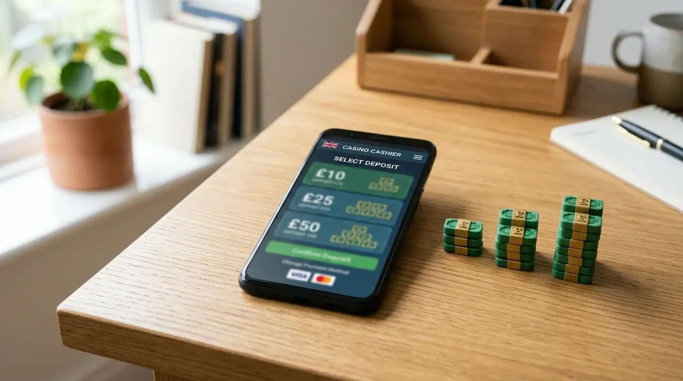 A wooden desk with a smartphone showing a UK casino cashier deposit selection screen alongside symbolic pound icons in three increasing groupings