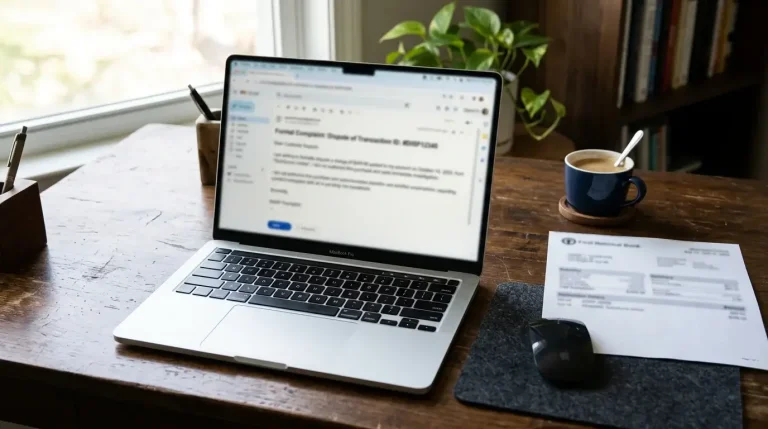 Open laptop on a wooden desk displaying a formal complaint email being drafted, next to a printed statement and a coffee cup