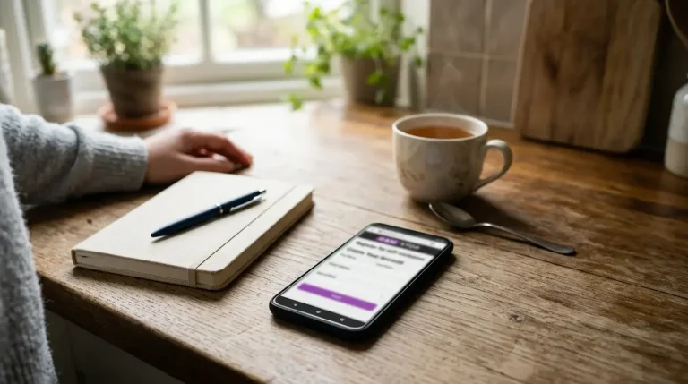 Smartphone on a kitchen counter showing the GAMSTOP self-exclusion registration page next to a closed notebook in calm light