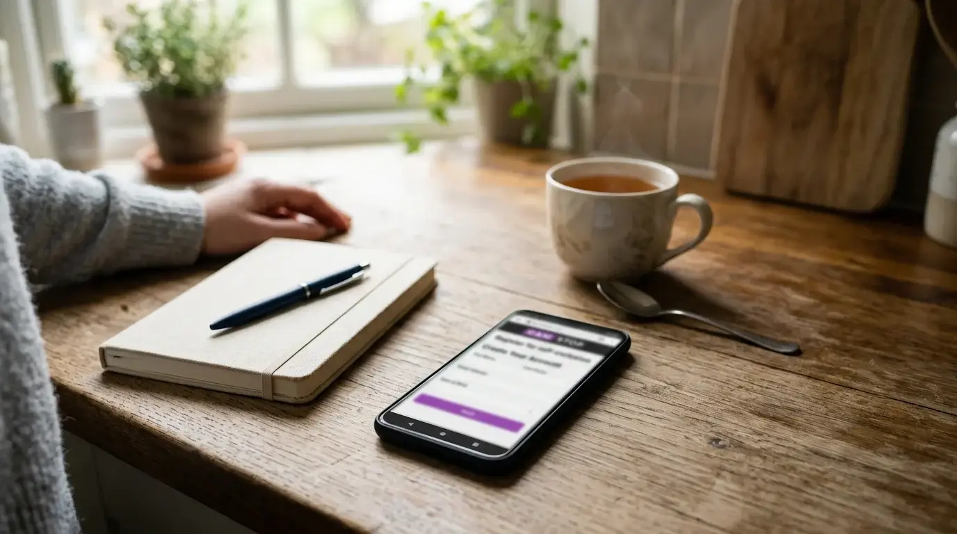 Smartphone on a kitchen counter showing the GAMSTOP self-exclusion registration page next to a closed notebook in calm light