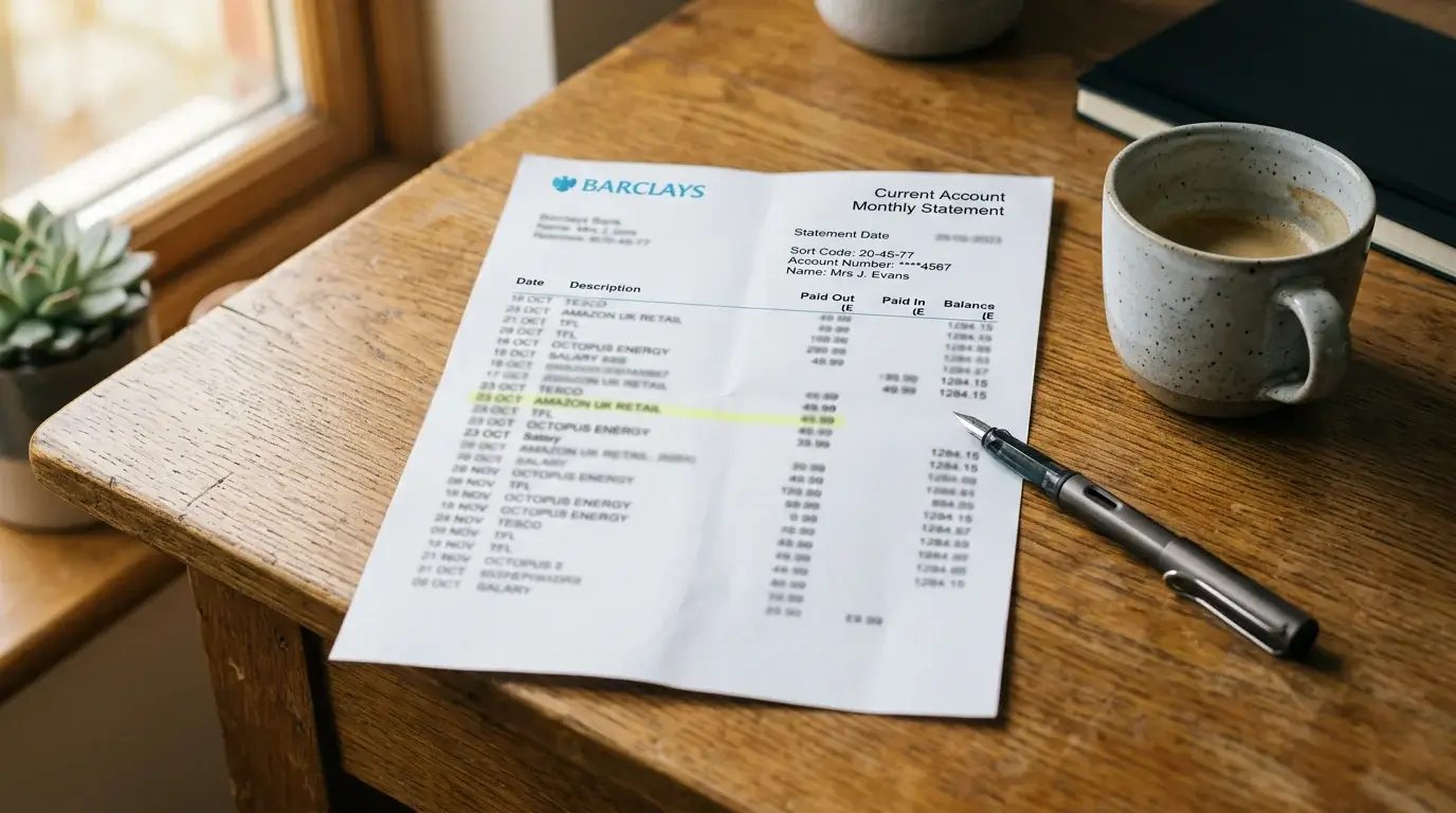 Printed UK bank statement on a wooden desk with a coffee cup and pen, with a Payz wallet line item highlighted by hand