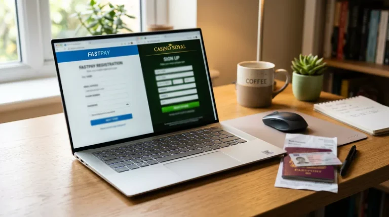 Laptop screen split between a Payz wallet registration page and a UK casino sign-up form during account onboarding