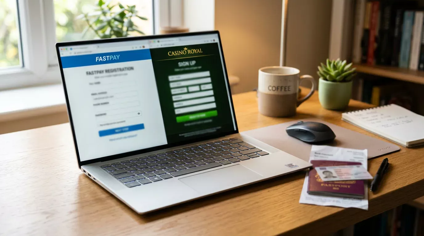 Laptop screen split between a Payz wallet registration page and a UK casino sign-up form during account onboarding
