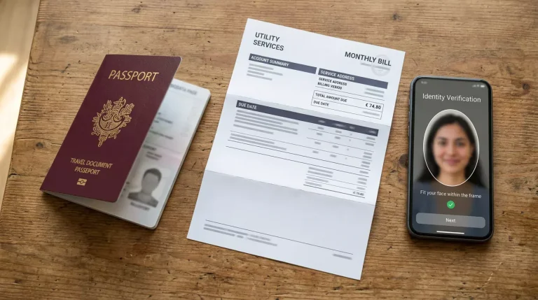 Passport, utility bill and smartphone showing a selfie verification screen arranged on a wooden desk under warm natural lighting