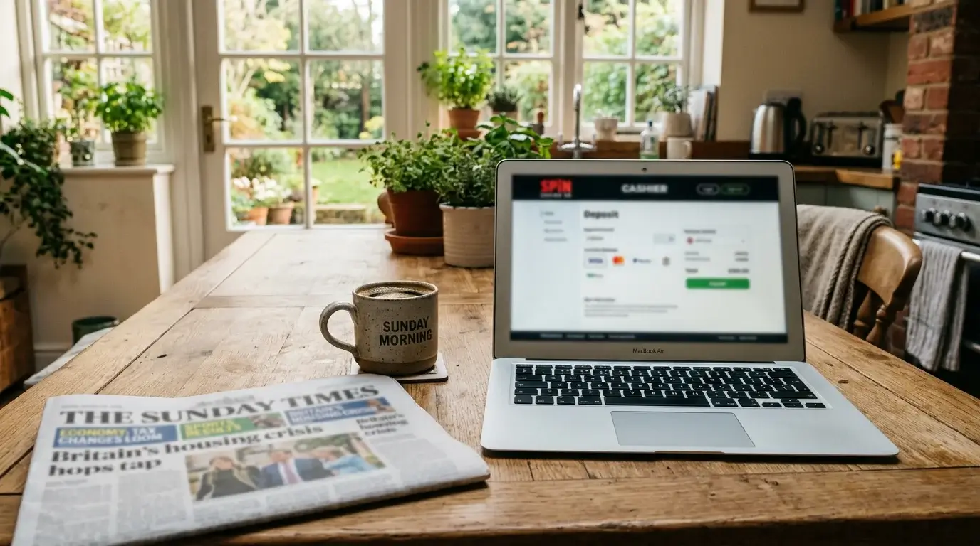 Laptop on a kitchen table showing a UK casino cashier deposit screen on a quiet Sunday morning, with a mug of coffee and an open newspaper nearby