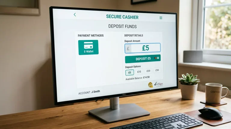UK online casino cashier highlighting a £5 minimum deposit option with the ecoPayz Payz wallet selected as funding method